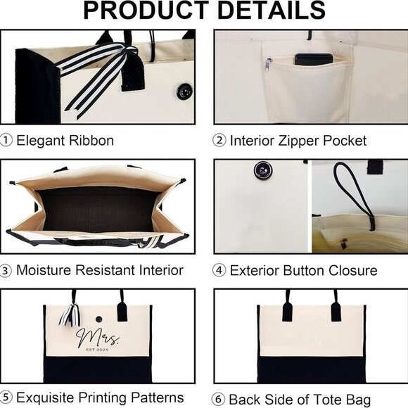 Mrs Canvas Tote Bag Large Capacity Bridal Shower Wedding Gift for Bride - Picture 5 of 7